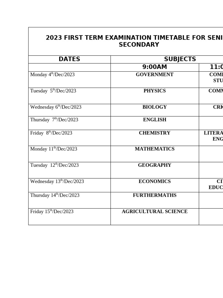 2023 First Term Examination Timetable For Senior Secondary Ss | PDF