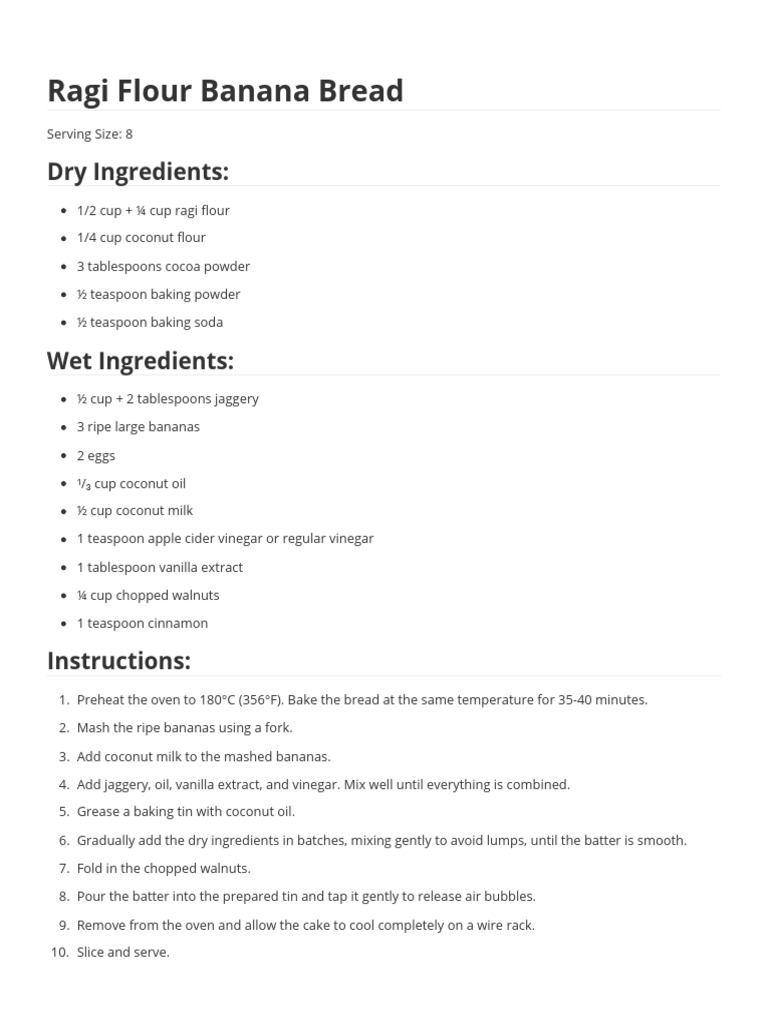 Ragi Flour Banana Bread - Serving 8 | PDF