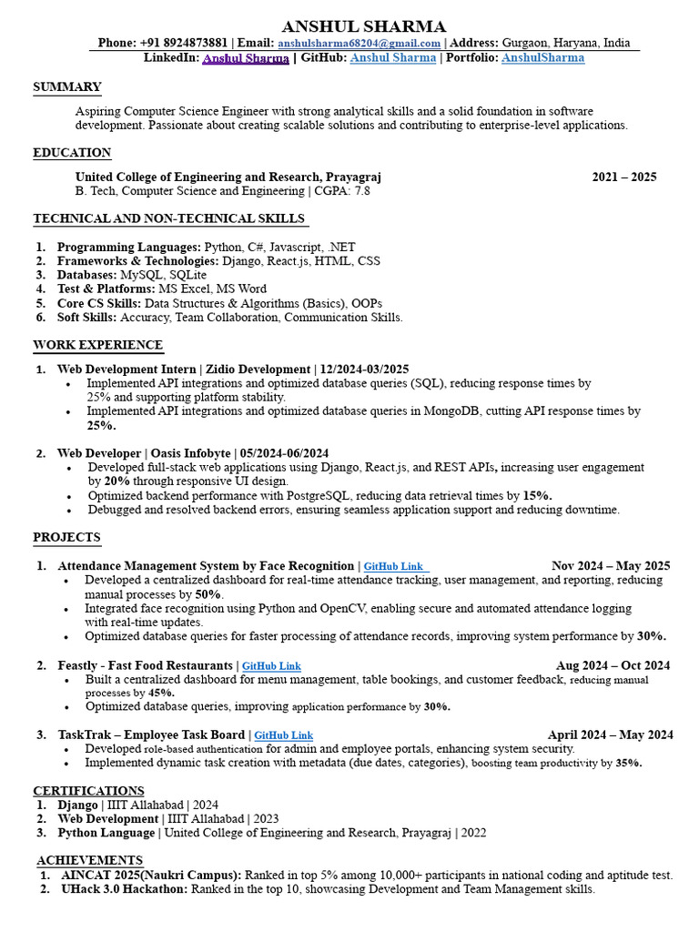 Anshul Sharma: Aspiring Software Engineer | PDF | Web Development ...