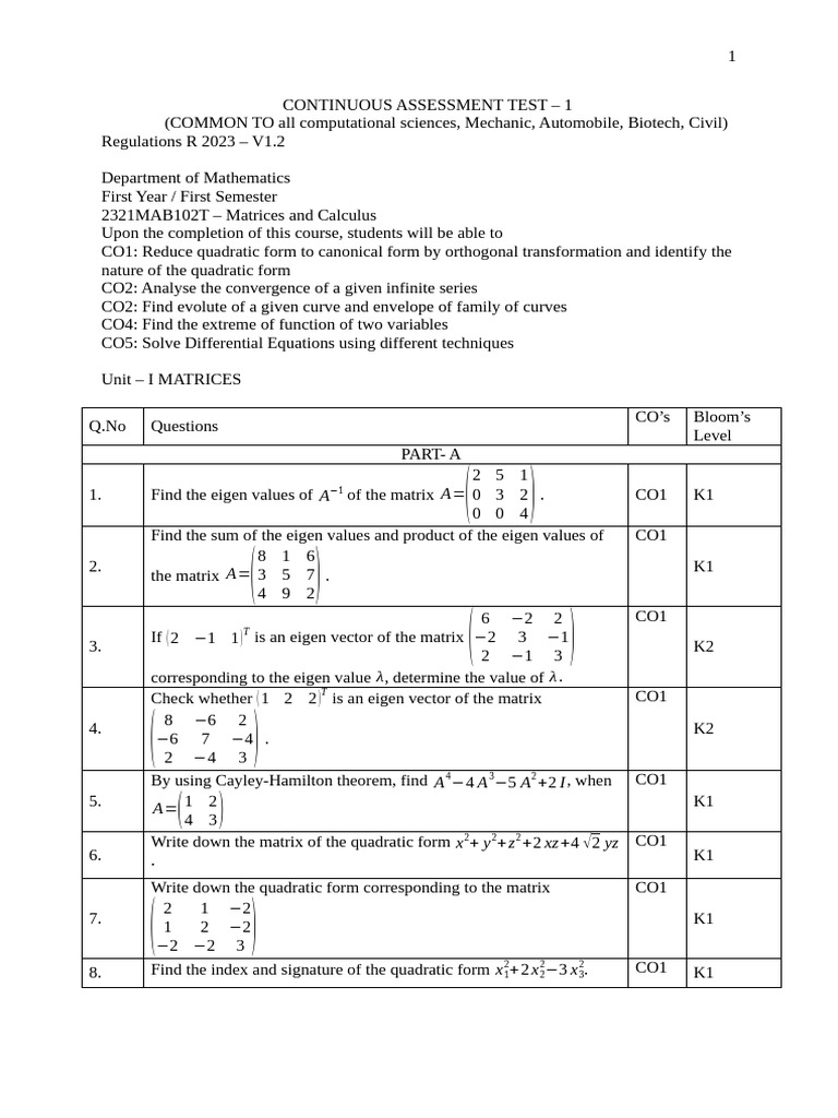 2321mab102t - Question Bank Cat 1 Matrices and Calculus I Year | PDF ...