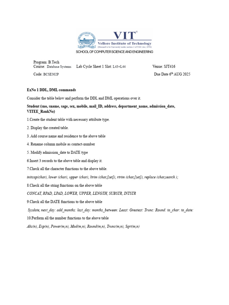 Database Systems Lab Cycle Sheet 1 | PDF