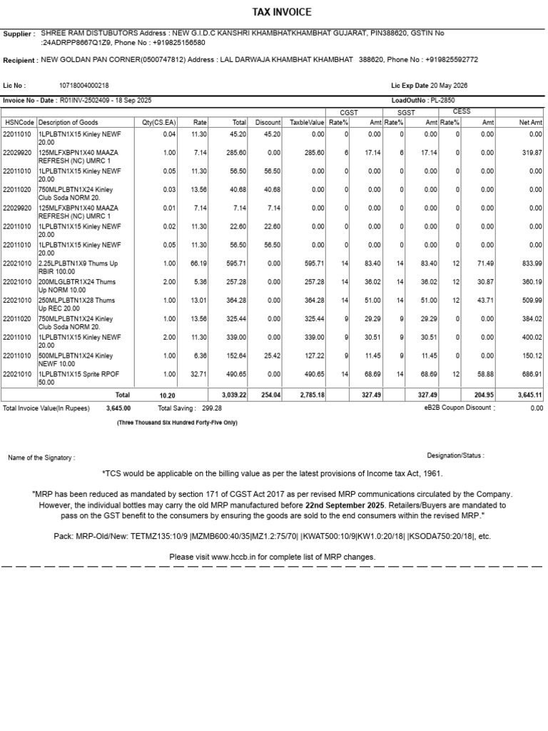 Tax Invoice for Shree Ram Distributors | PDF | Government Finances | Taxes