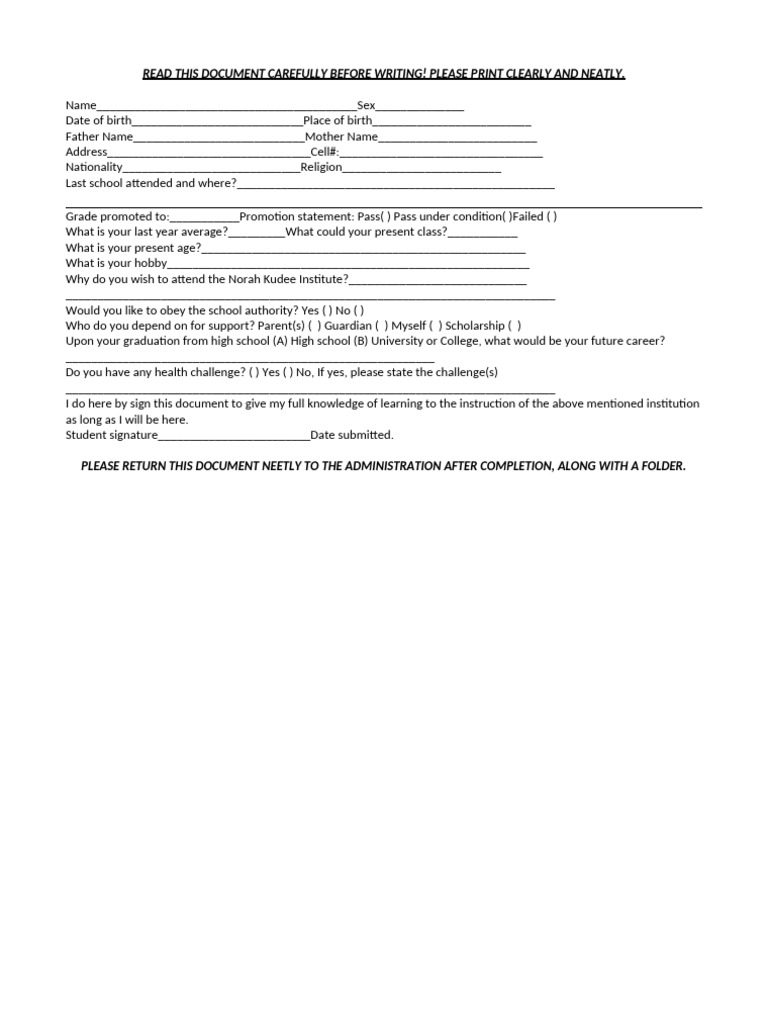 Student Admission Form Template | PDF