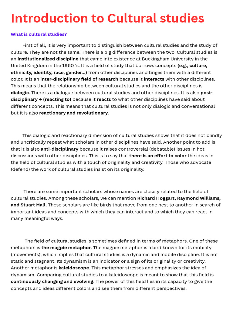 Overview of Cultural Studies Concepts | PDF | Cultural Studies ...