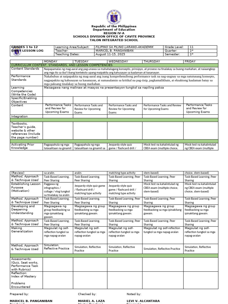 Daily Lesson Log for Filipino Grade 11 | PDF | Behavior Modification ...