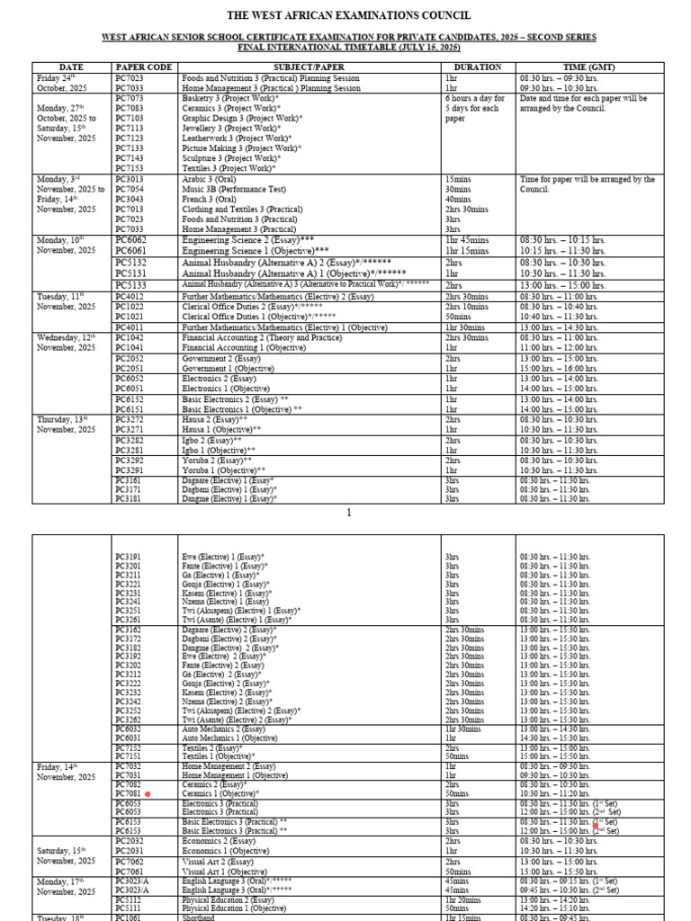Waec Gce Time Table 2025 | PDF
