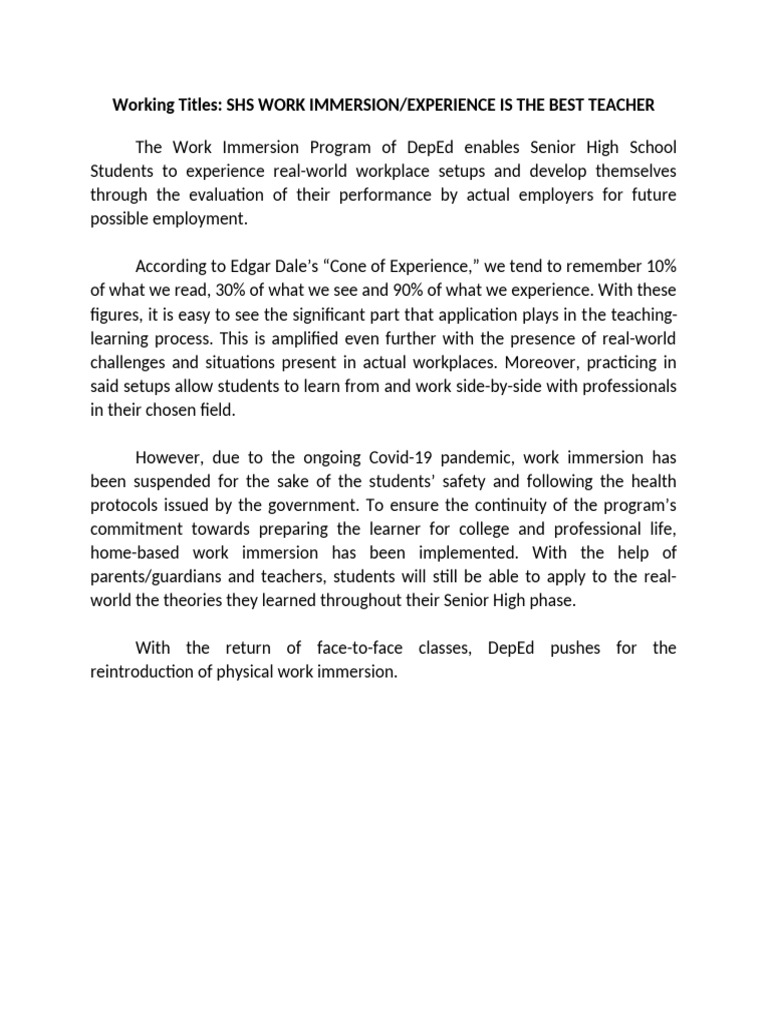 Benefits of SHS Work Immersion Program | PDF