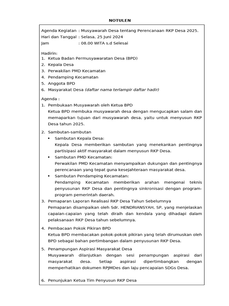 Musyawarah Desa RKP 2025: Notulen dan Aspirasi | PDF