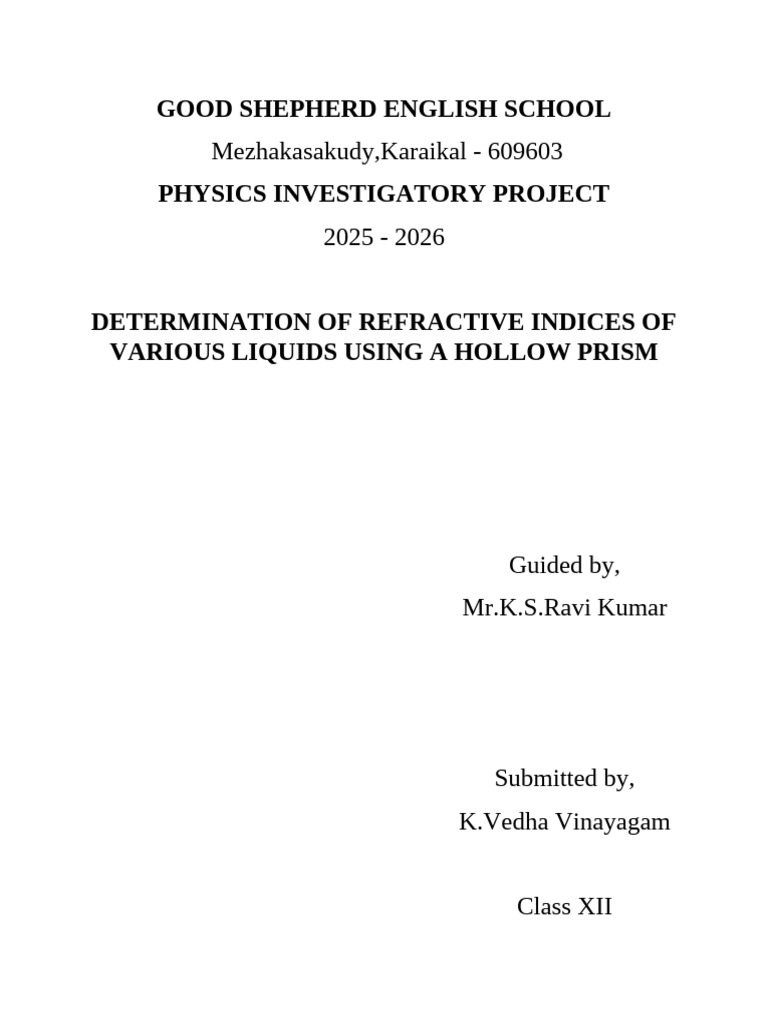 Physics Investigatory Project | PDF | Refractive Index | Refraction