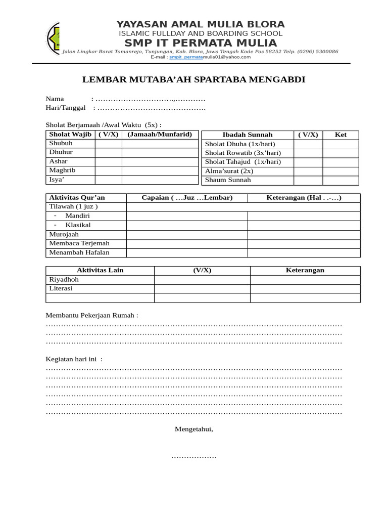 Lembar Mutaba'ah Yayasan Amal Mulia | PDF