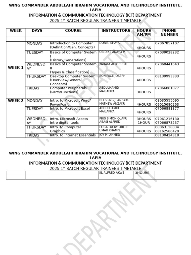 ICT Trainees Timetable 2025 Batch | PDF | Microcomputer Software ...