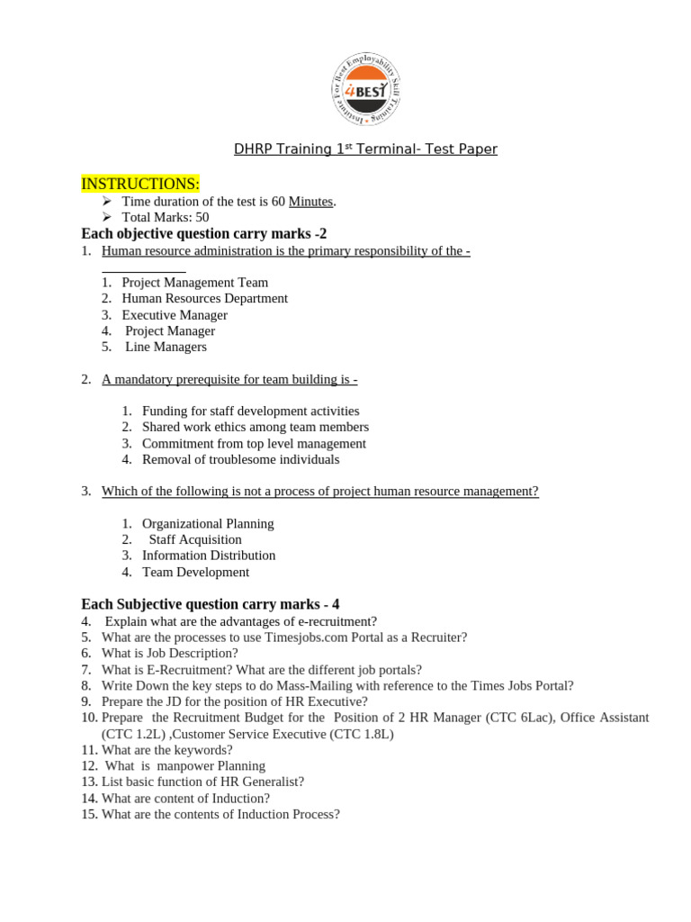 DHRP Training Test Paper Overview | PDF