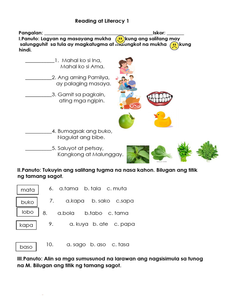 Unang Panahunang Pagsusulit Sa Reading at Literacy 1 | PDF