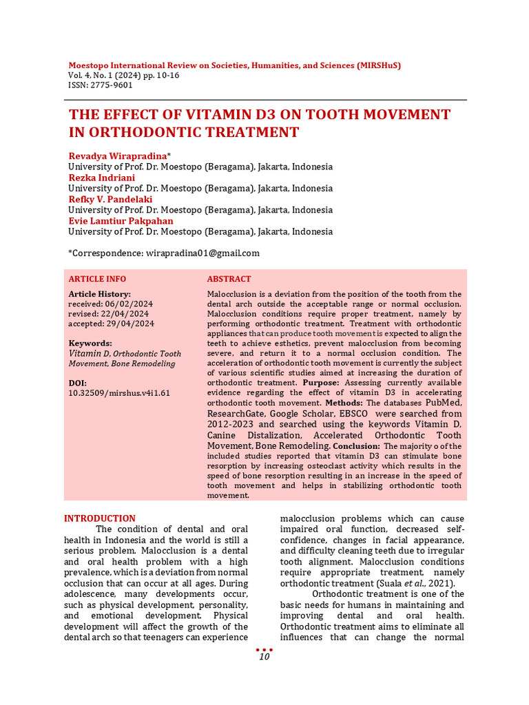 Vitamin D3's Impact on Orthodontic Tooth Movement | PDF | Orthodontics ...