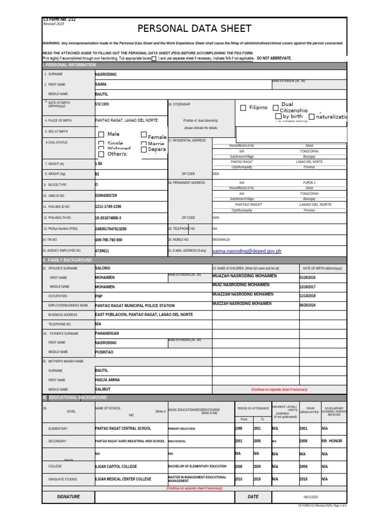 Personal Data Sheet CS Form 212 2025 | PDF | Government