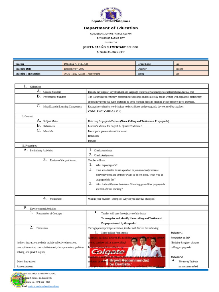 Teaching Propaganda in Grade 6 English | PDF | Teachers | Learning