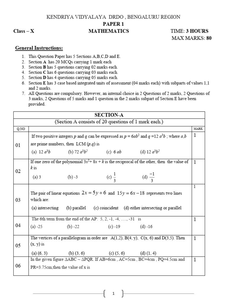 Class X Mathematics Question Paper | PDF | Circle | Area