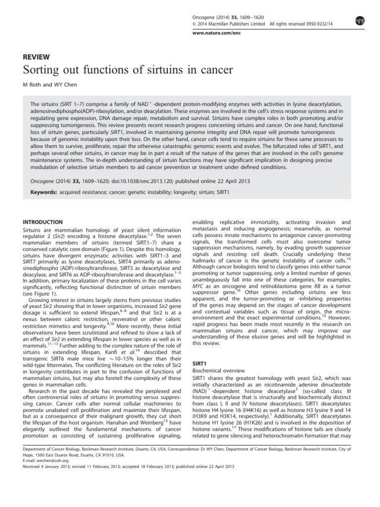 2014 Sorting Out Functions of Sirtuins in Cancer | PDF | Myc ...