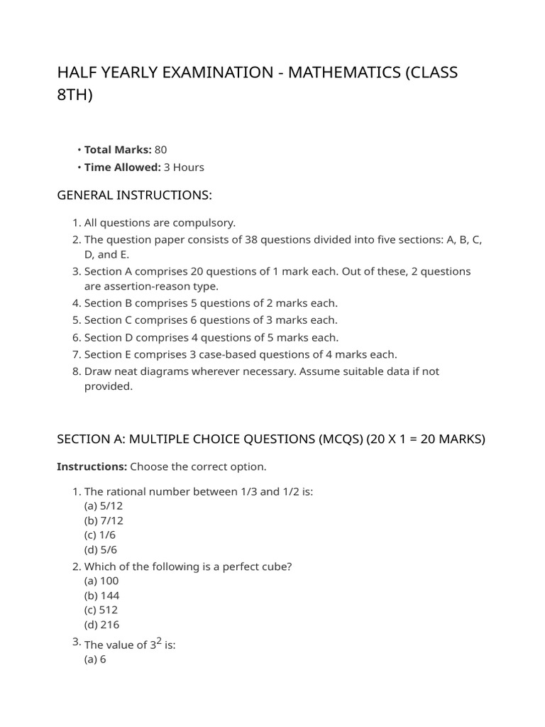 Class 8 Maths Half Yearly Exam | PDF | Rectangle | Euclidean Geometry
