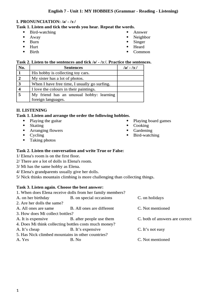 Exploring Hobbies in English 7 | PDF | Hobbies