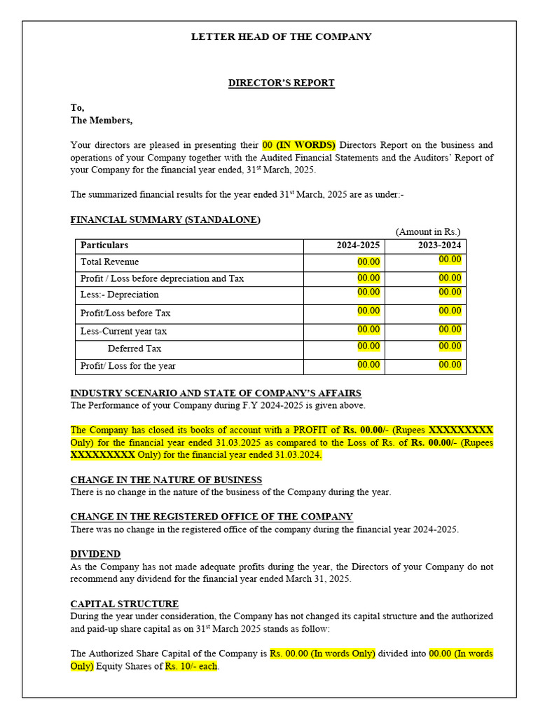 Directors Report Format for 2025 | PDF | Audit | Bankruptcy