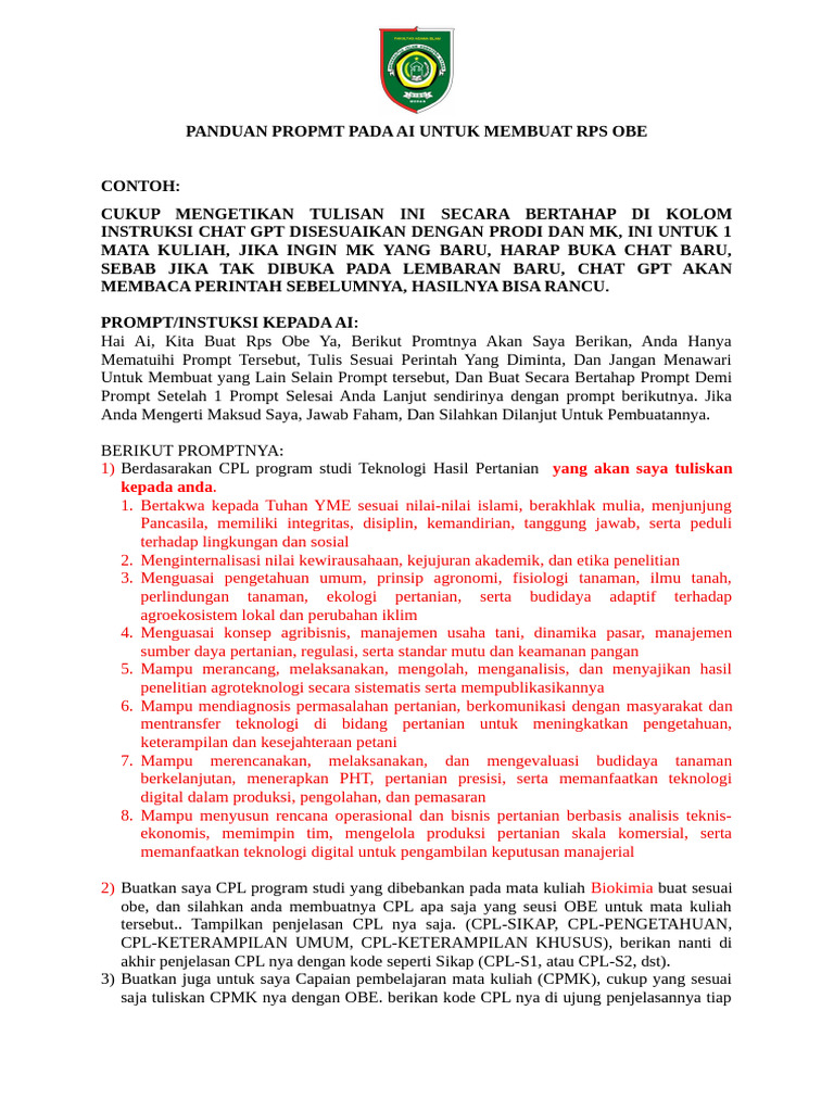 Instruksi Panduan Ai Utkmembuat Rps Obe-2025 | PDF