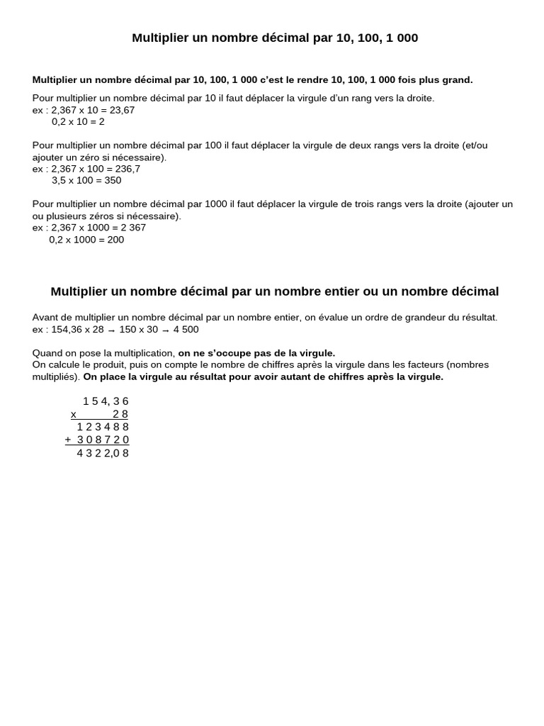 Multiplier un décimal par 10, 100, 1000 | PDF