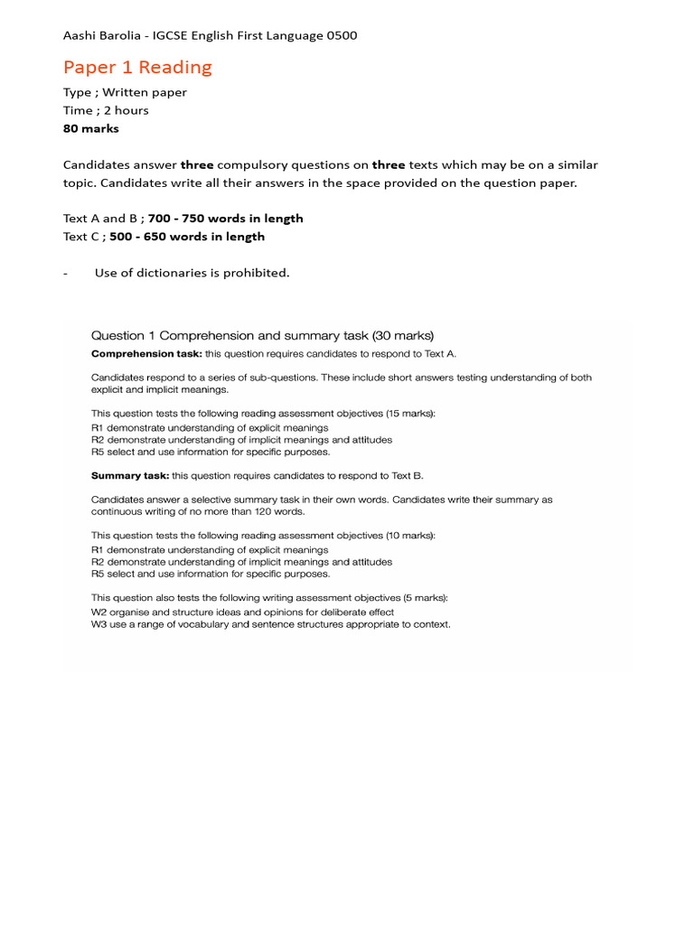 IGCSE English First Language 0500 Guide | PDF | Question | Learning