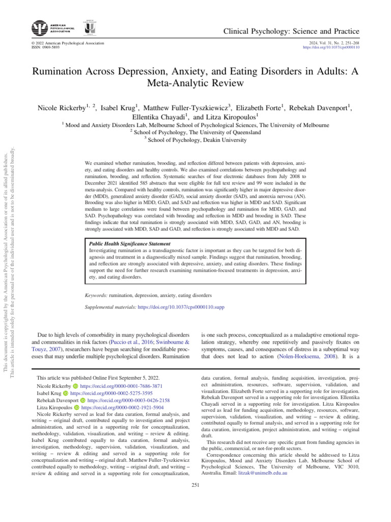 Rumination Across Depression, Anxiety, and Eating Disorders in Adults A ...