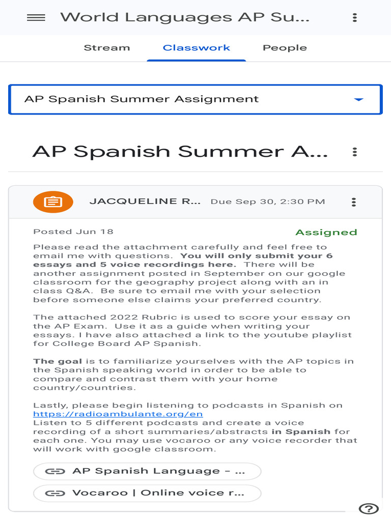 AP Spanish Summer Assignment | PDF