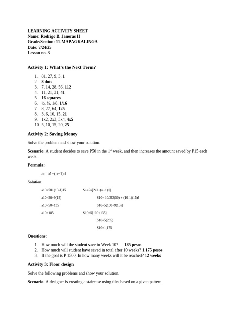 Learning Activity Sheet | PDF | Summation | Mathematics