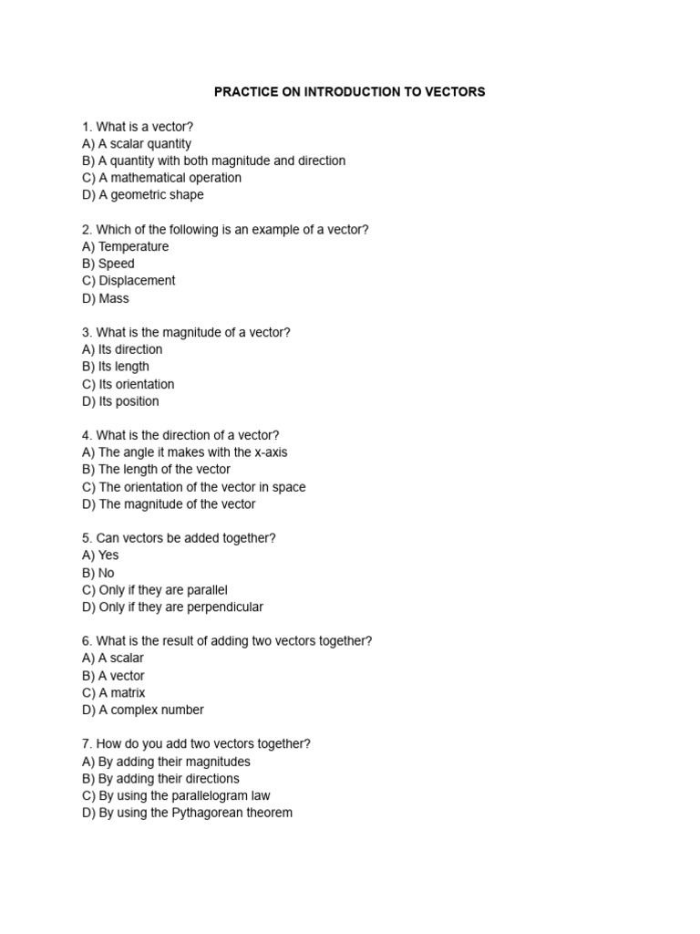 Introduction to Vectors Practice Quiz | PDF | Euclidean Vector ...