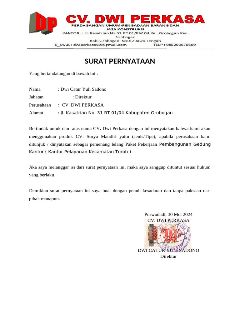 Draft Surat Keterangan Perjanjian | PDF