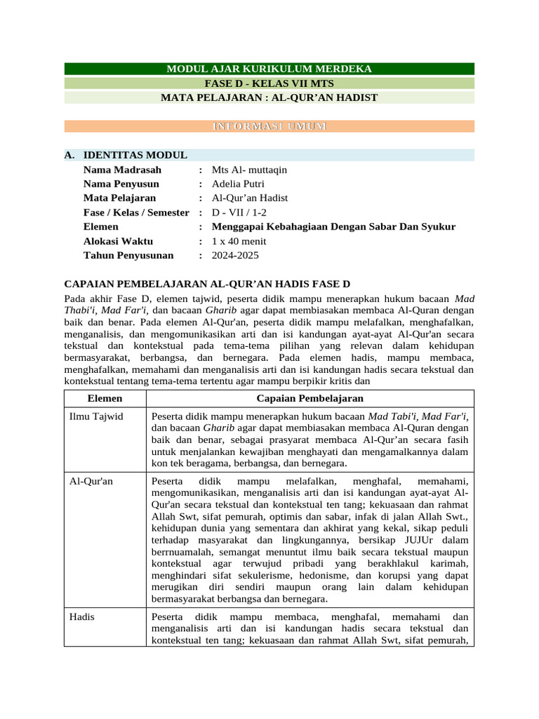 Modul Ajar Al-Qur'an Hadist Kelas VII | PDF