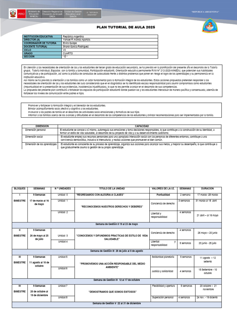 Plan Tutorial 2025 para Estudiantes de Cuarto | PDF | Salón de clases ...