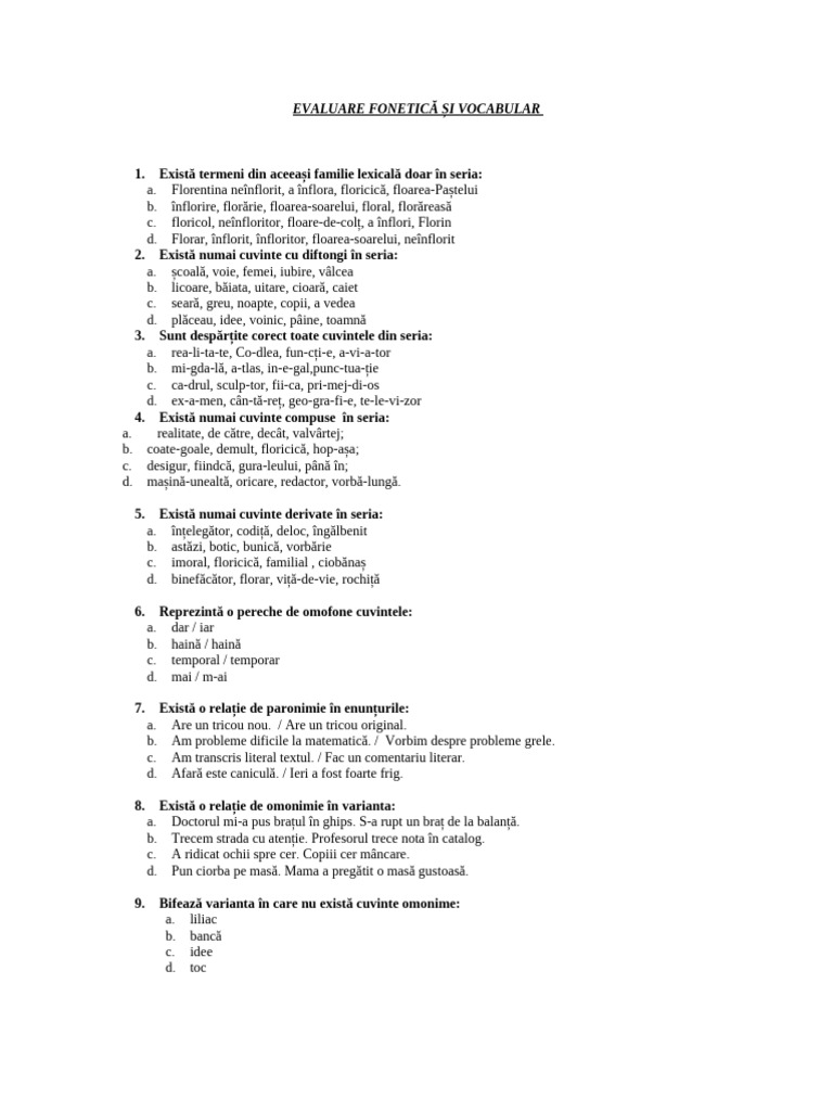 Test Grila Fonetica Vocabular 1 | PDF