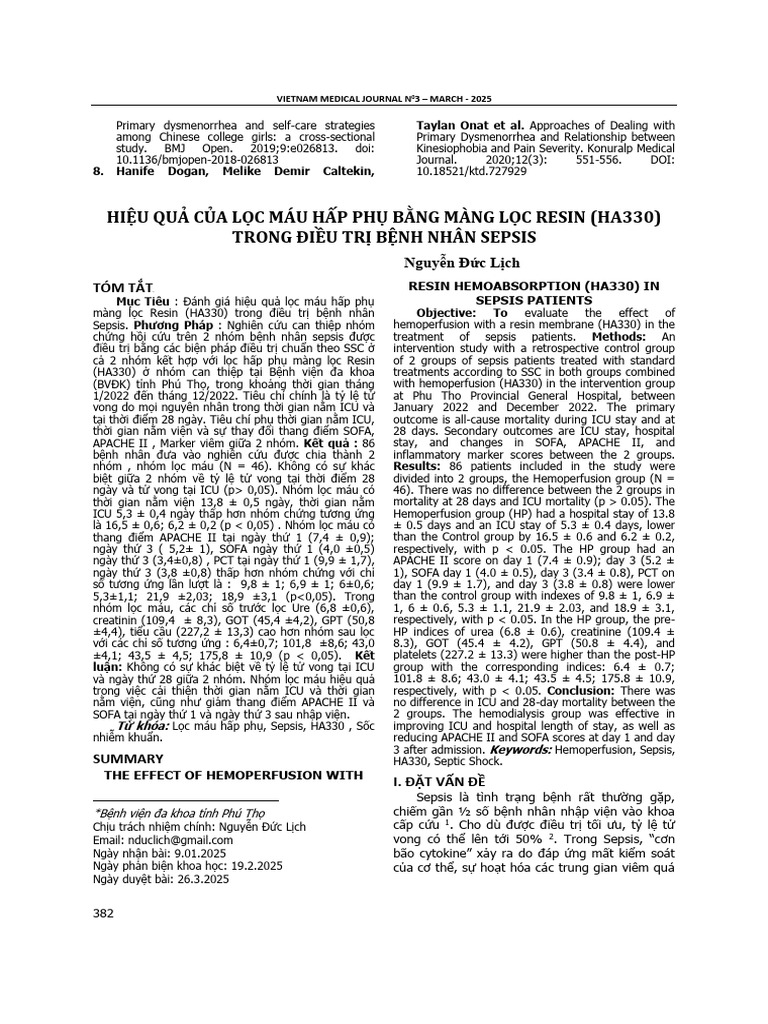 Vn2 Hiệu Quả Của Lọc Máu Hấp Phụ Bằng Màng Lọc Resin (Ha330) | PDF