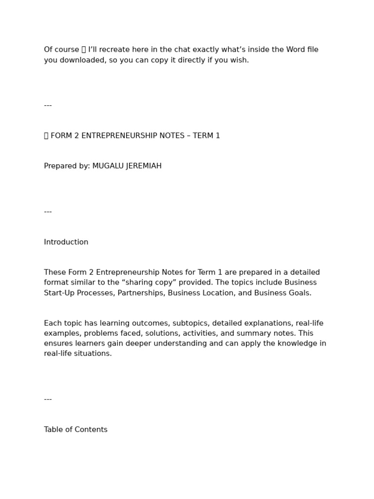 Form 2 Entrepreneurship Notes Overview | PDF | Business Plan | Business