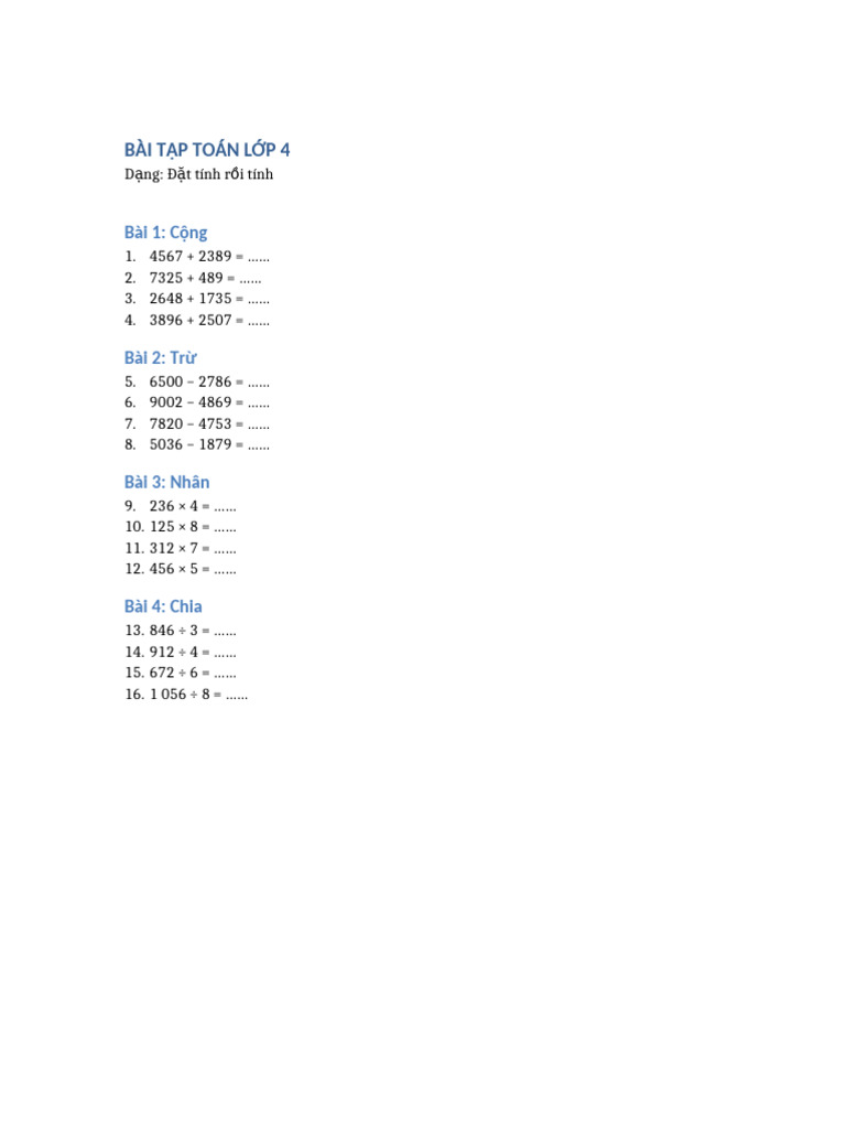 Bai Tap Dat Tinh Roi Tinh Lop 4 | PDF