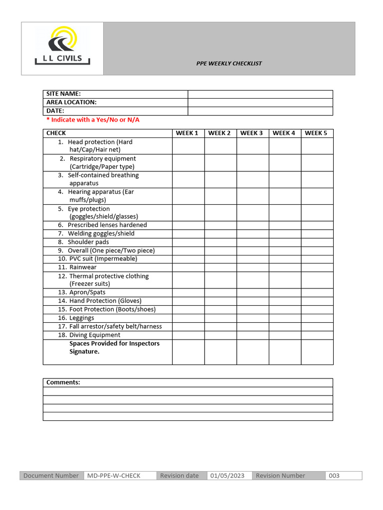 PPE Weekly Checklist Template | PDF