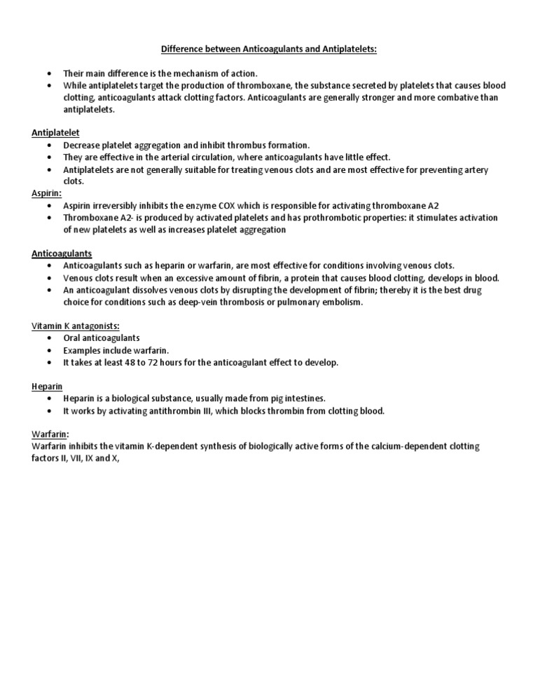 Anticoagulants vs Antiplatelets Explained | PDF