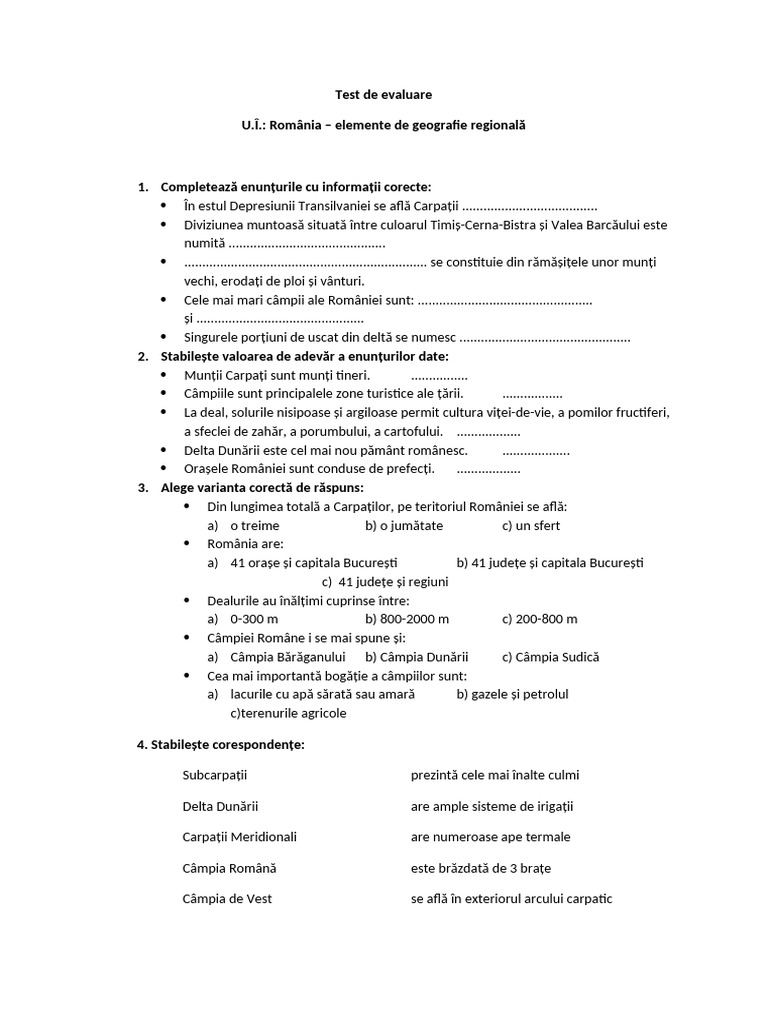 Test de Evaluare U.Î.: România - Elemente de Geografie Regională | PDF