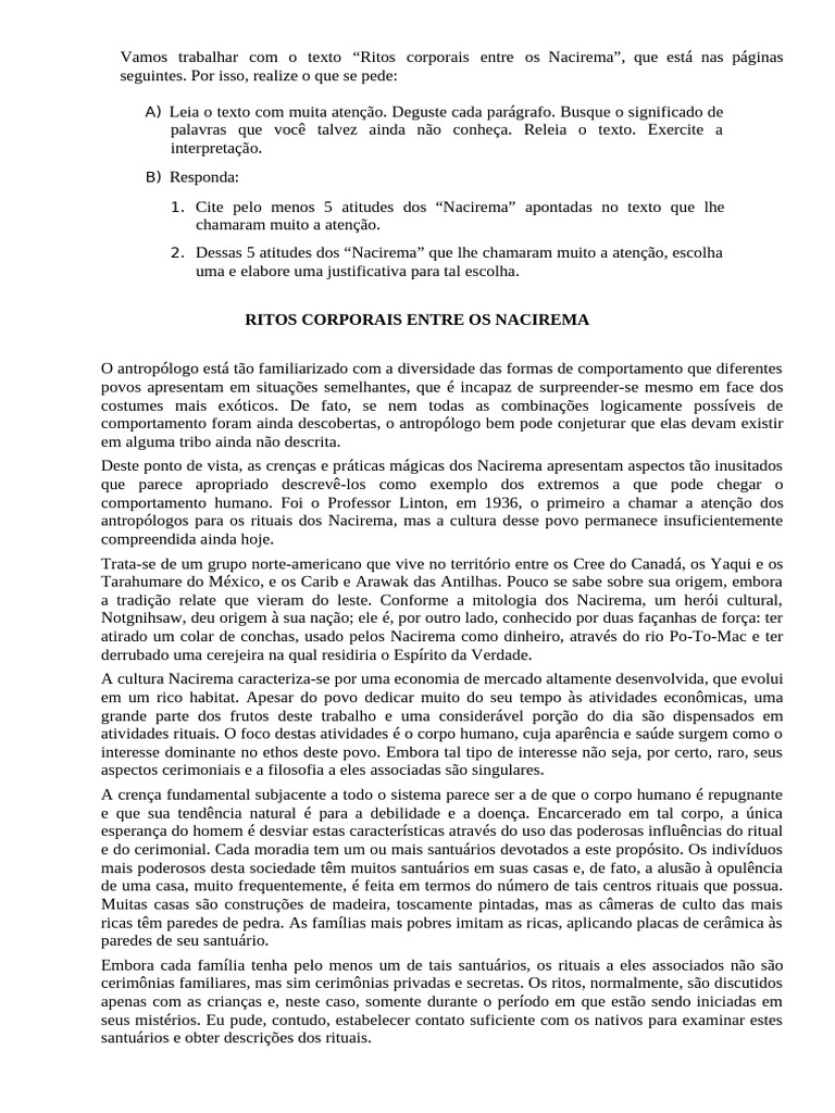 Ritos Corporais dos Nacirema: Análise Cultural | PDF | Rituais | Humano
