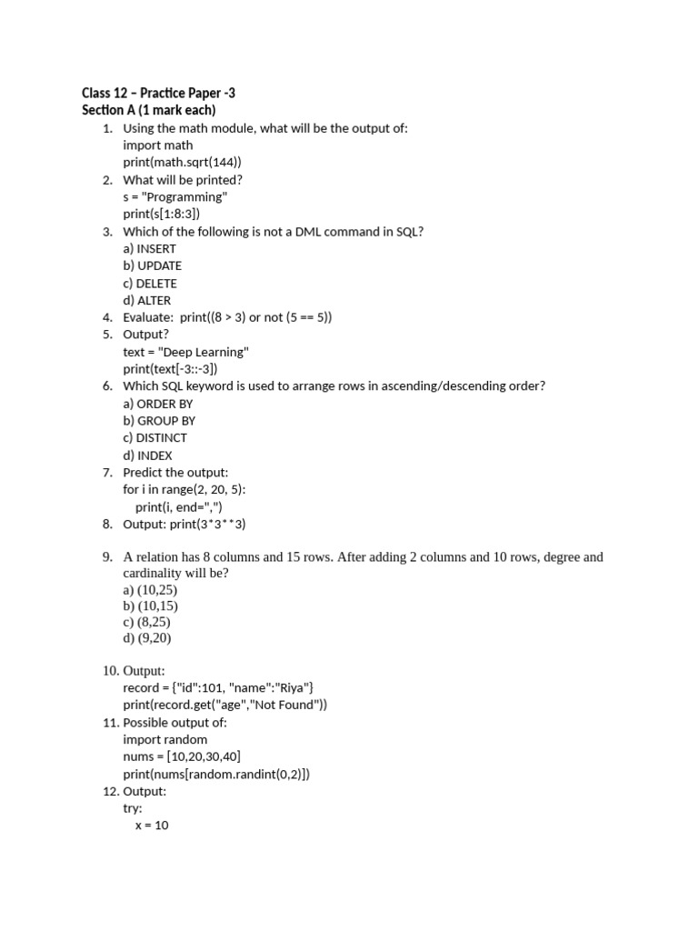 Xii Cs Mid Term Practice Paper 3 | PDF | Computer Programming ...