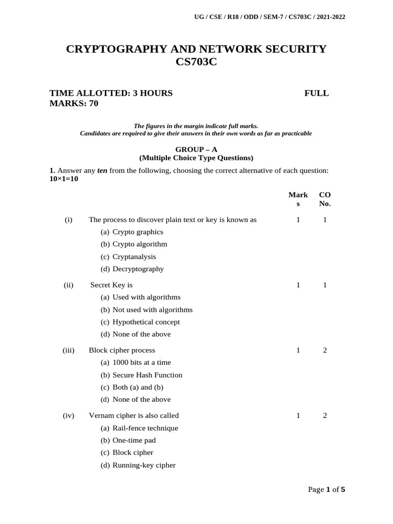 Cse Cs703c Cryptography and Network Security r18 | PDF | Cryptography ...