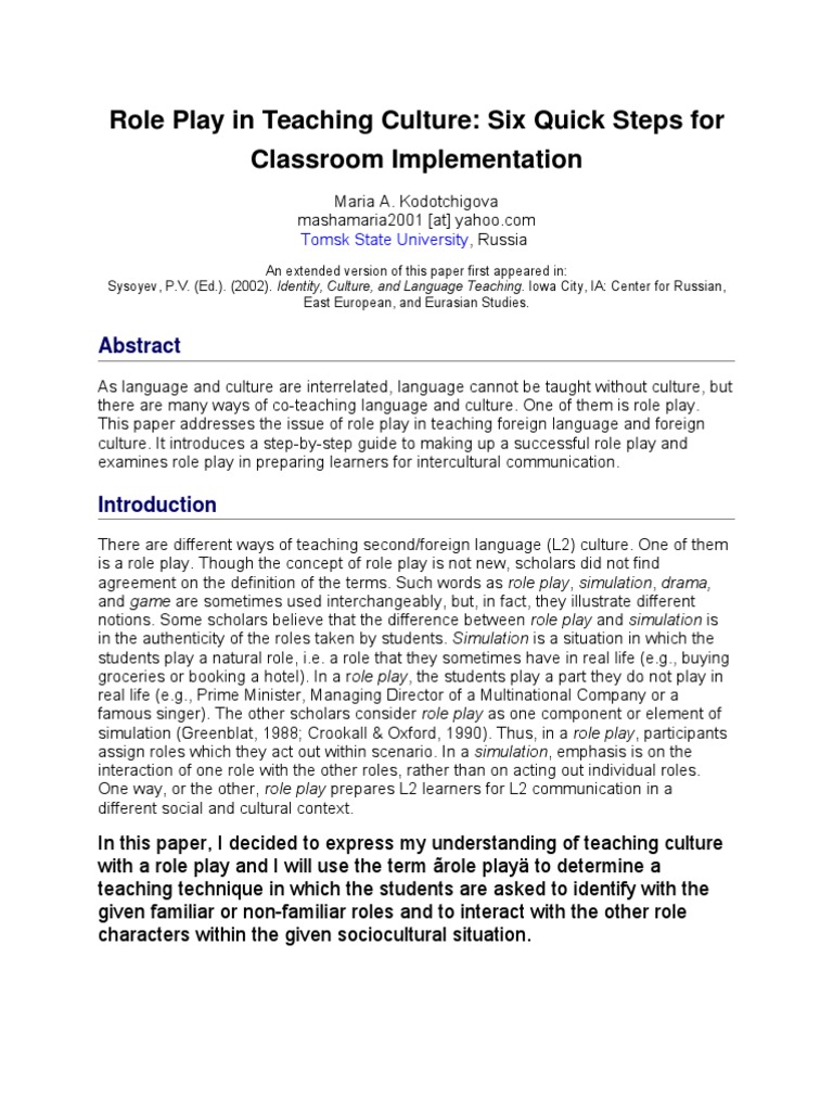 Role Play in Cultural Language Teaching | PDF | Role Playing Games ...