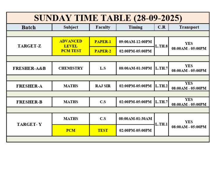 Sunday Time Table for PCM Tests | PDF