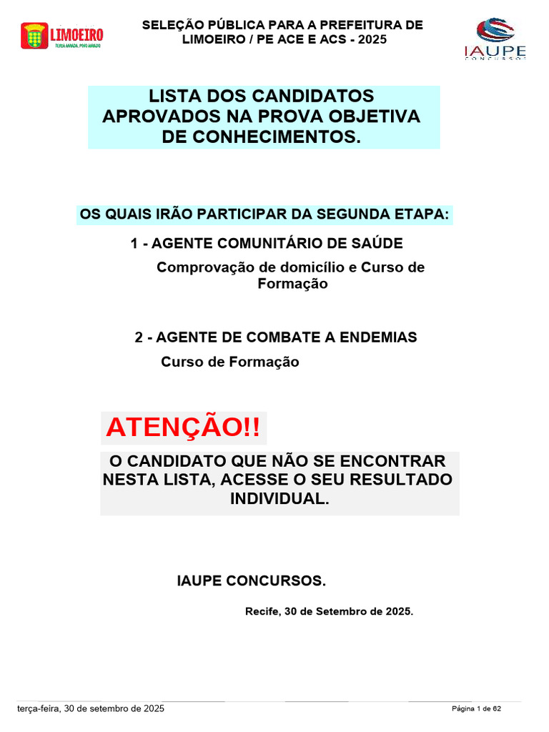Limoeiro 2025 - APROVADOS NA PROVA ESCRITA OBJETIVA-ACS-ACE | PDF