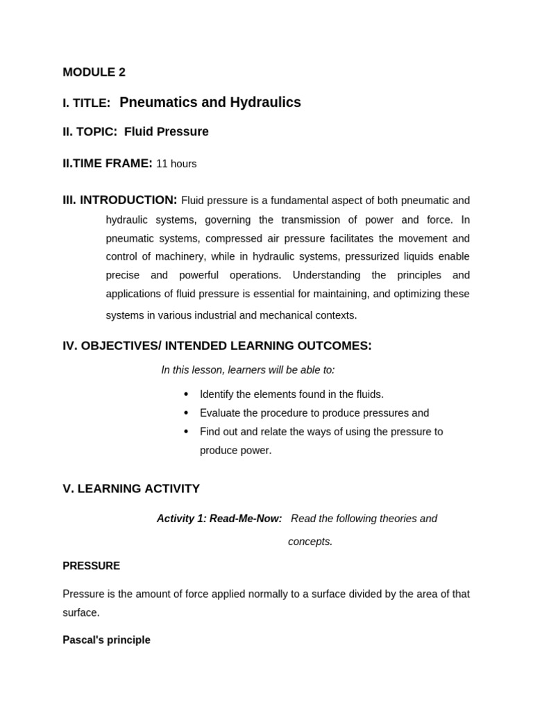 Module 2 P H | PDF | Pressure | Pascal (Unit)