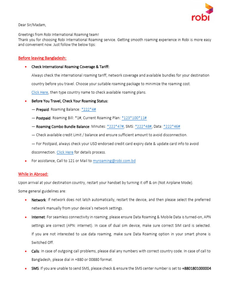 Robi International Roaming Guide | PDF | Roaming | Cellular Network
